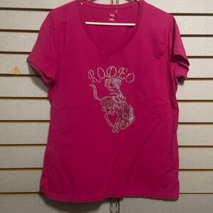 New Women's Pink V Neck T Shirt Rodeo Rhinestone Bucking Bronc Riding Large